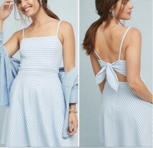 Hutch Anthropologie Molly Textured Stripe Dress Bow Back Size L MSRP $199